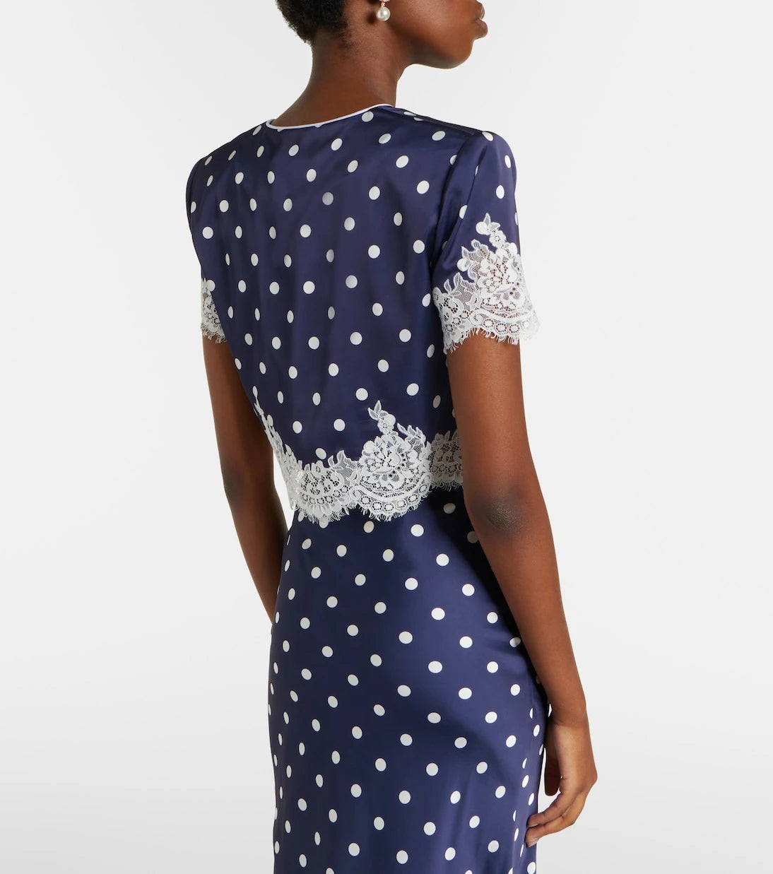 Self-Portrait - Lace-trimmed polka-dot satin crop top