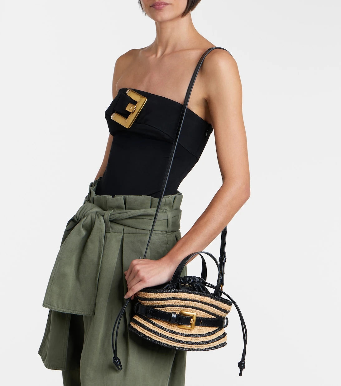 Balmain - Raffia-effect striped top-handle bag