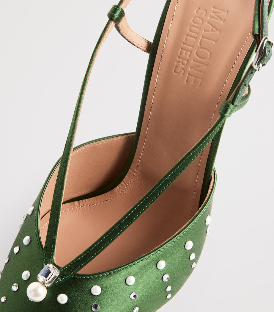 Malone Souliers Green Satin Moore Slingback Pumps 90