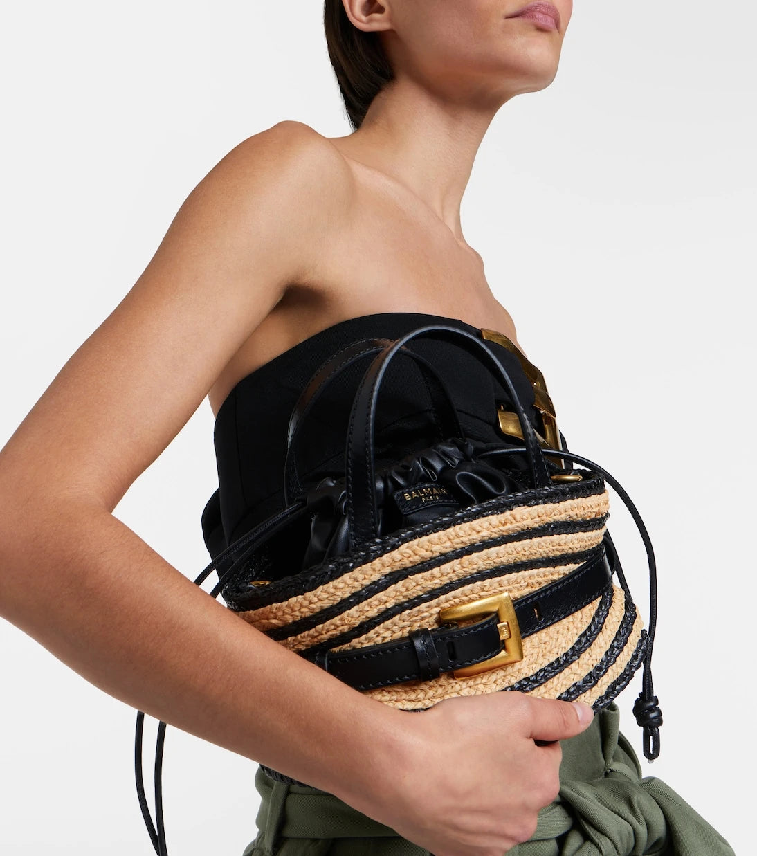Balmain - Raffia-effect striped top-handle bag