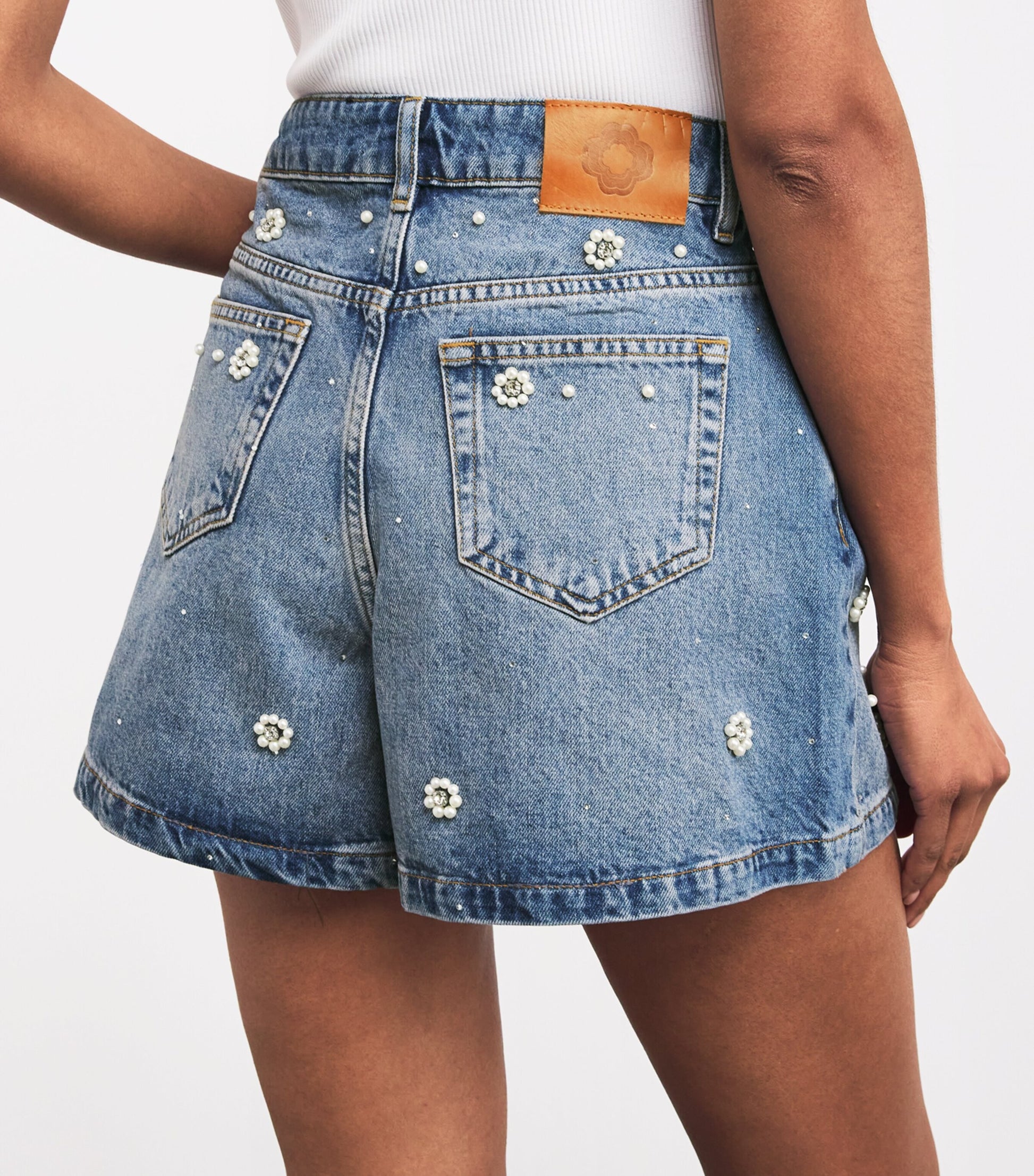 Blue Embellished Wide-Leg Denim Shorts