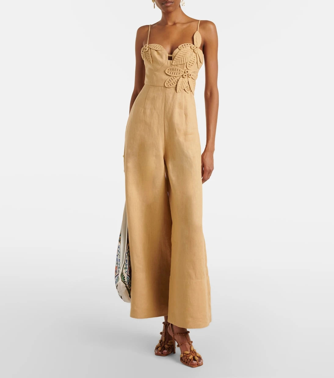 Farm Rio - Floral-appliqué linen jumpsuit
