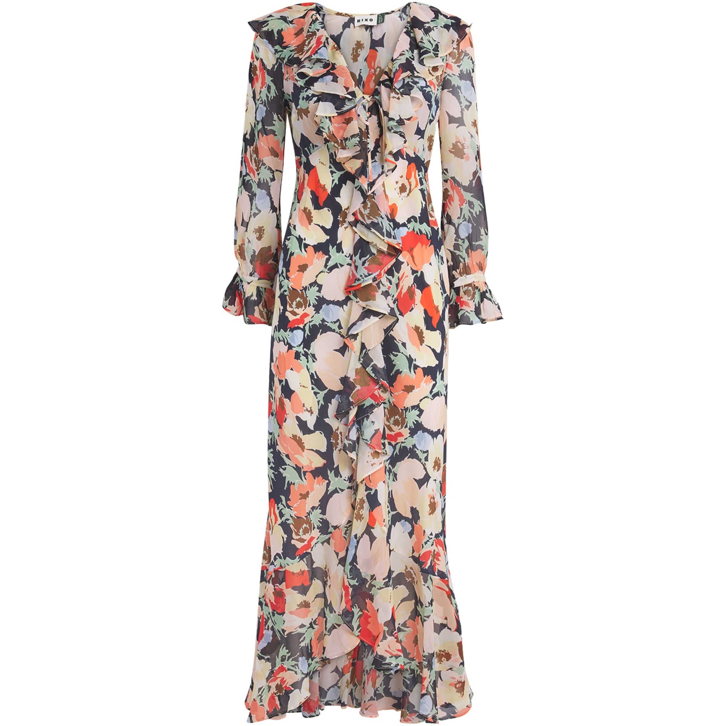 Rixo Navy Silk Floral Grayce Midi Dress