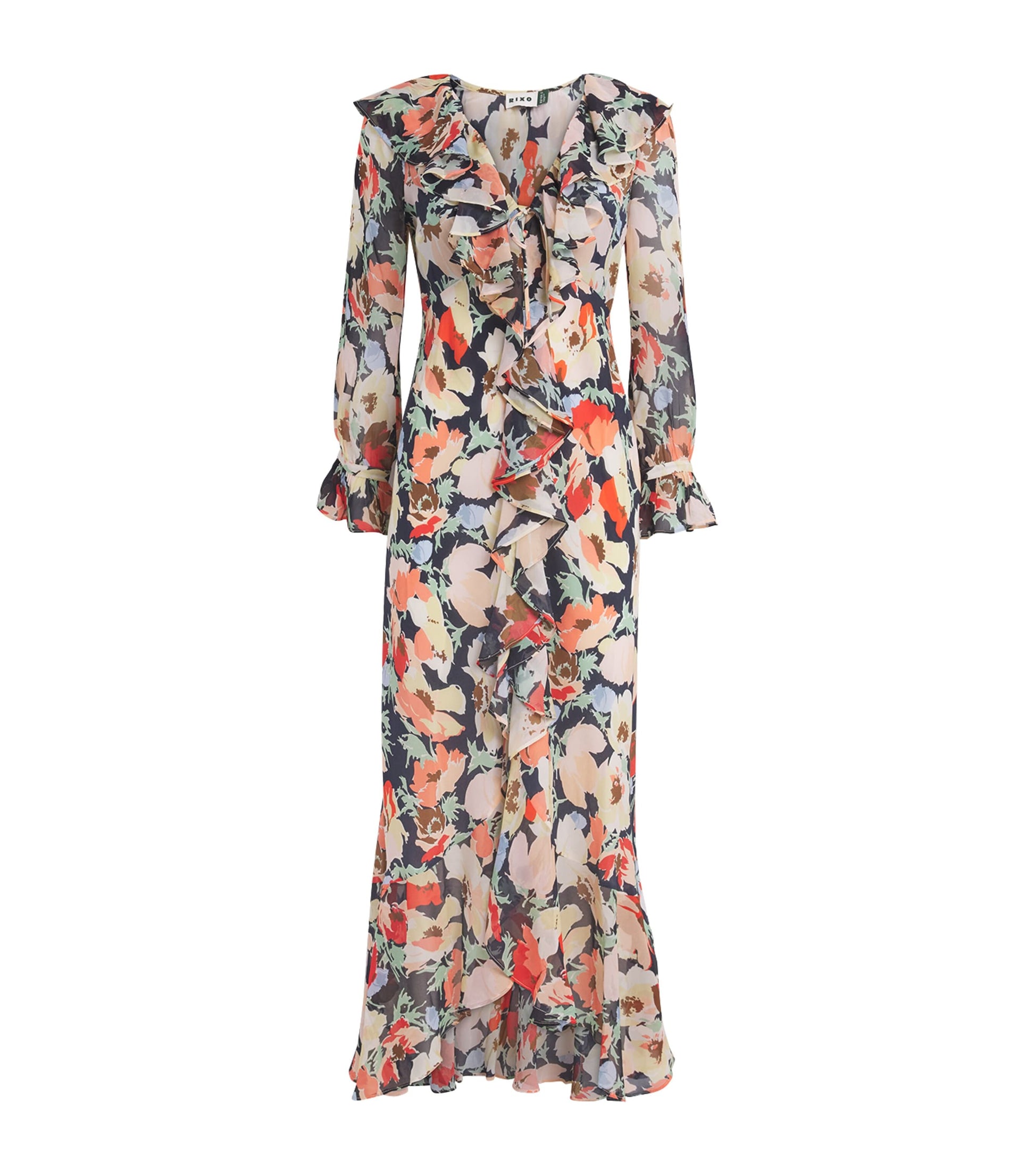 Rixo Navy Silk Floral Grayce Midi Dress