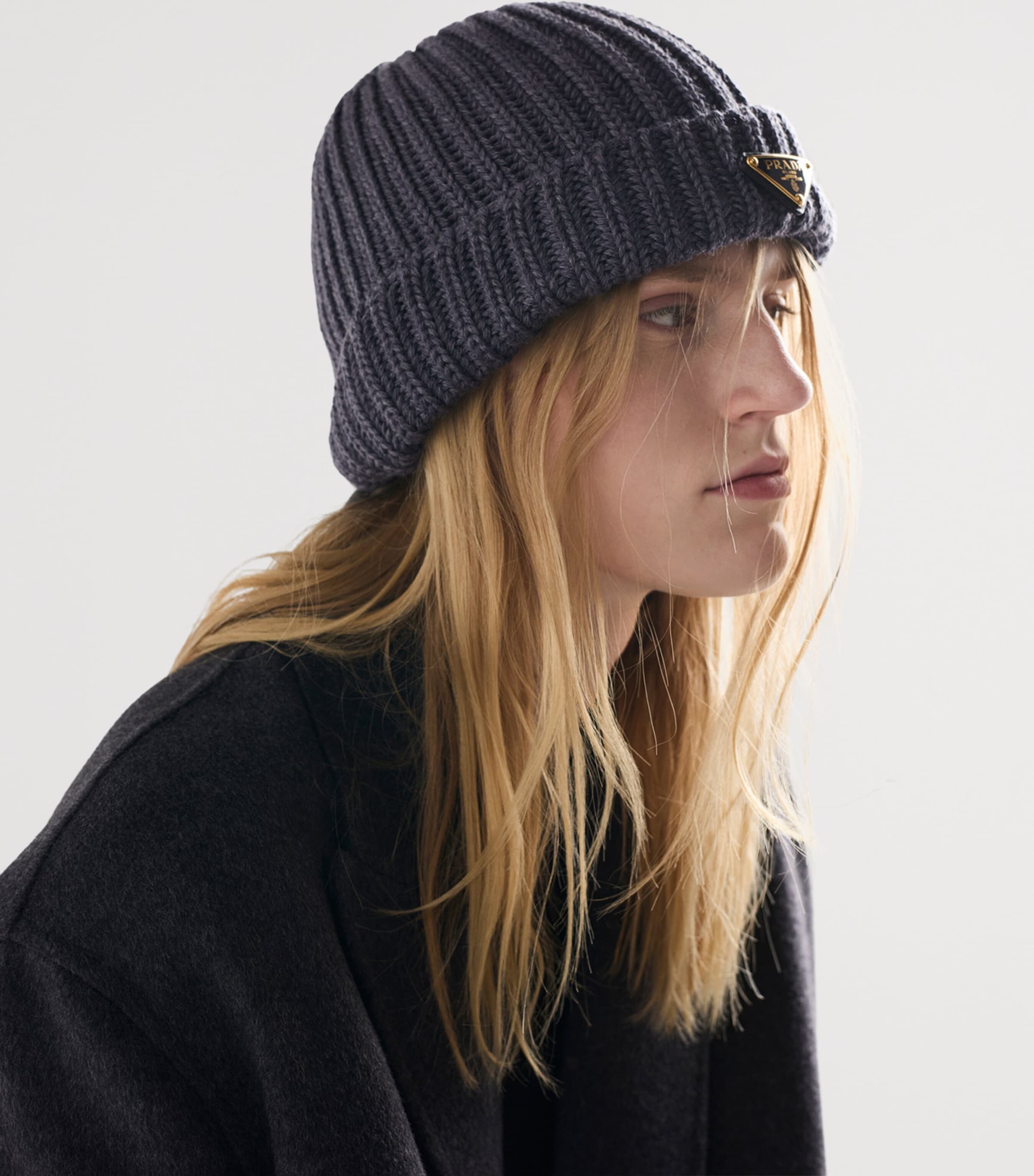 Prada Grey Wool Logo Beanie