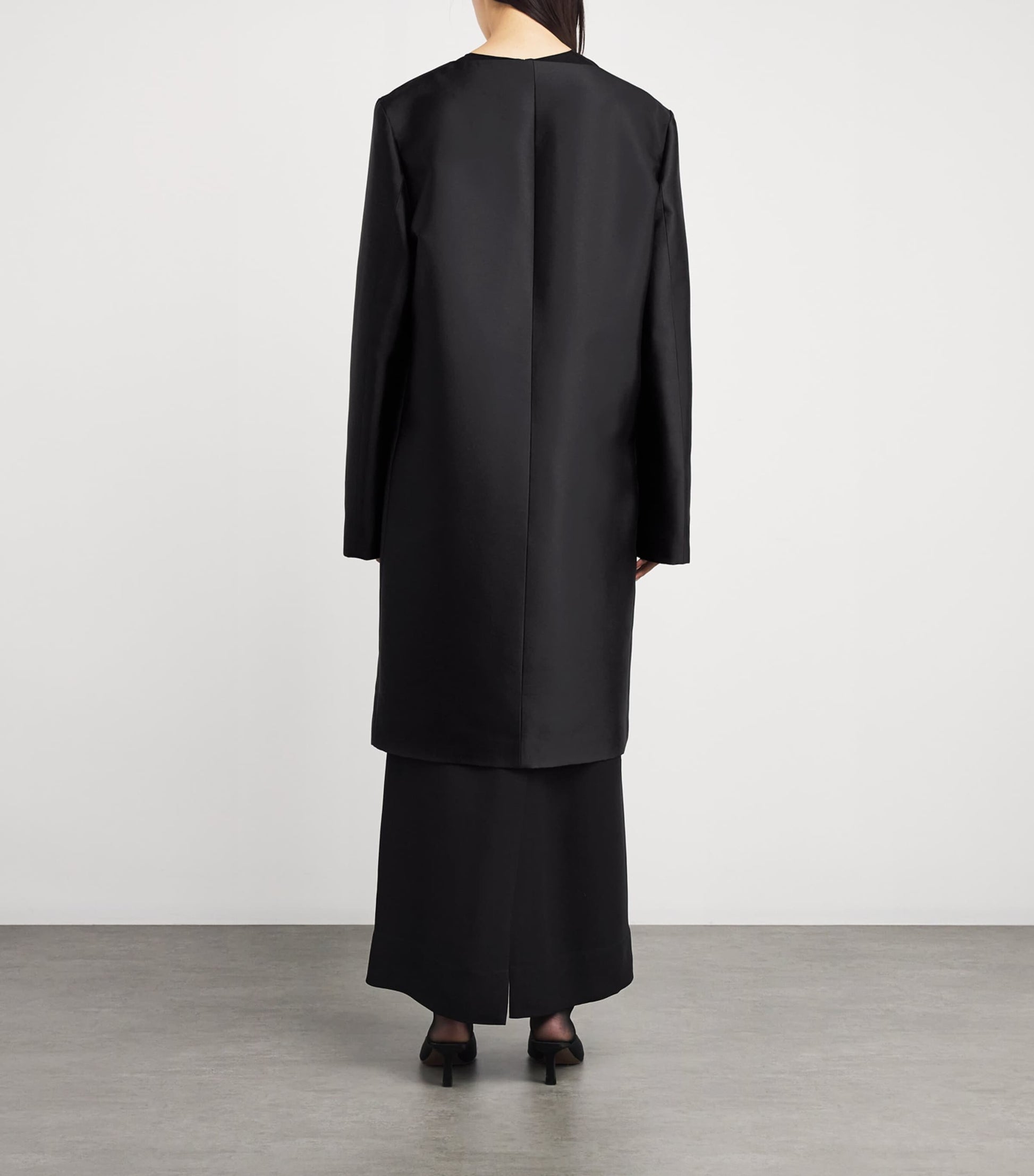 Toteme Black Silk Collarless Midi Coat