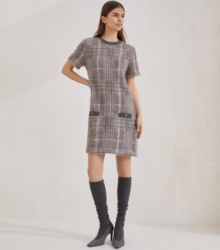 Brunello Cucinelli White Wool-Blend Checked Mini Dress