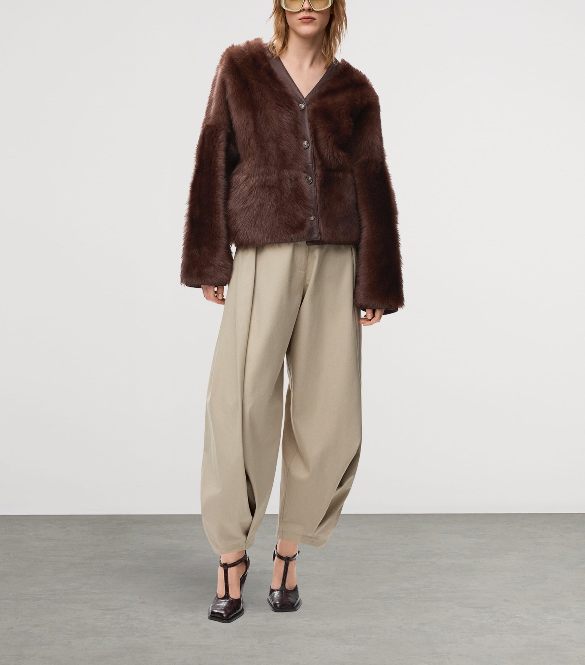 LOEWE Brown Leather Fur-Covered Cardigan