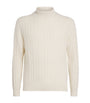 Beige Cashmere Rib Mock-Neck Sweater