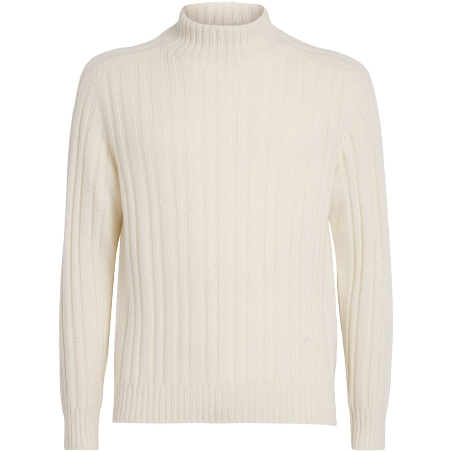 Beige Cashmere Rib Mock-Neck Sweater