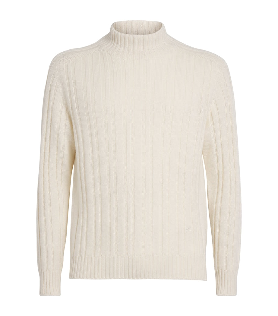 Beige Cashmere Rib Mock-Neck Sweater