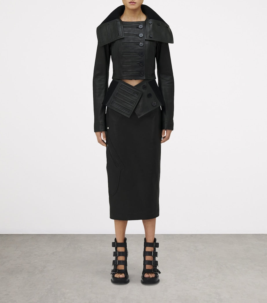 Black Exaggerated Buttonhole Leather Jacket