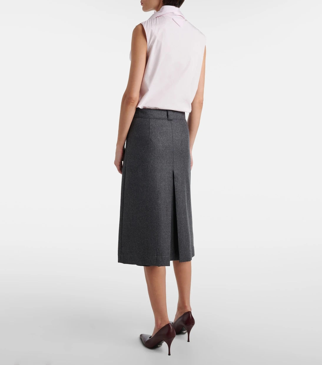 Prada - Pleated virgin wool flannel midi skirt