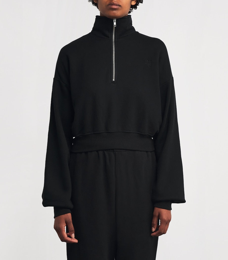 ÉTERNE Black Cropped Cotton-Blend Half-Zip Sweatshirt