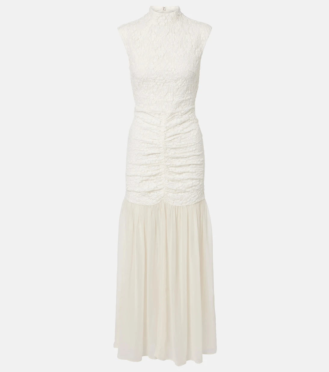 Rotate - Ruched lace-trimmed maxi dress