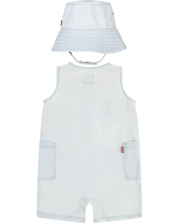 Бебешки памучен къс гащеризон Levi's LVB DENIM ROMPER & BUCKET HAT