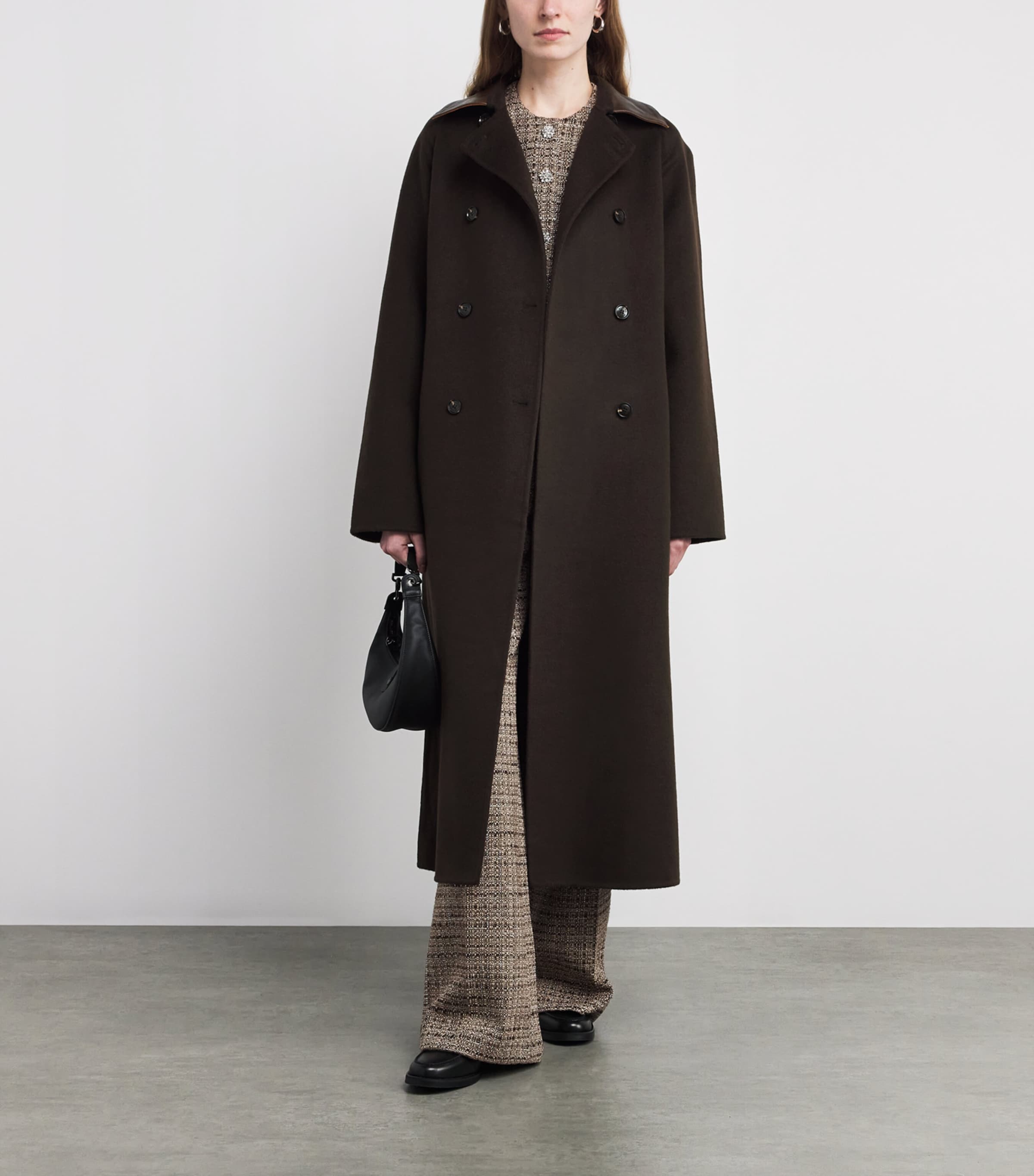 Sandro Paris Brown Wool Leather-Collar Coat