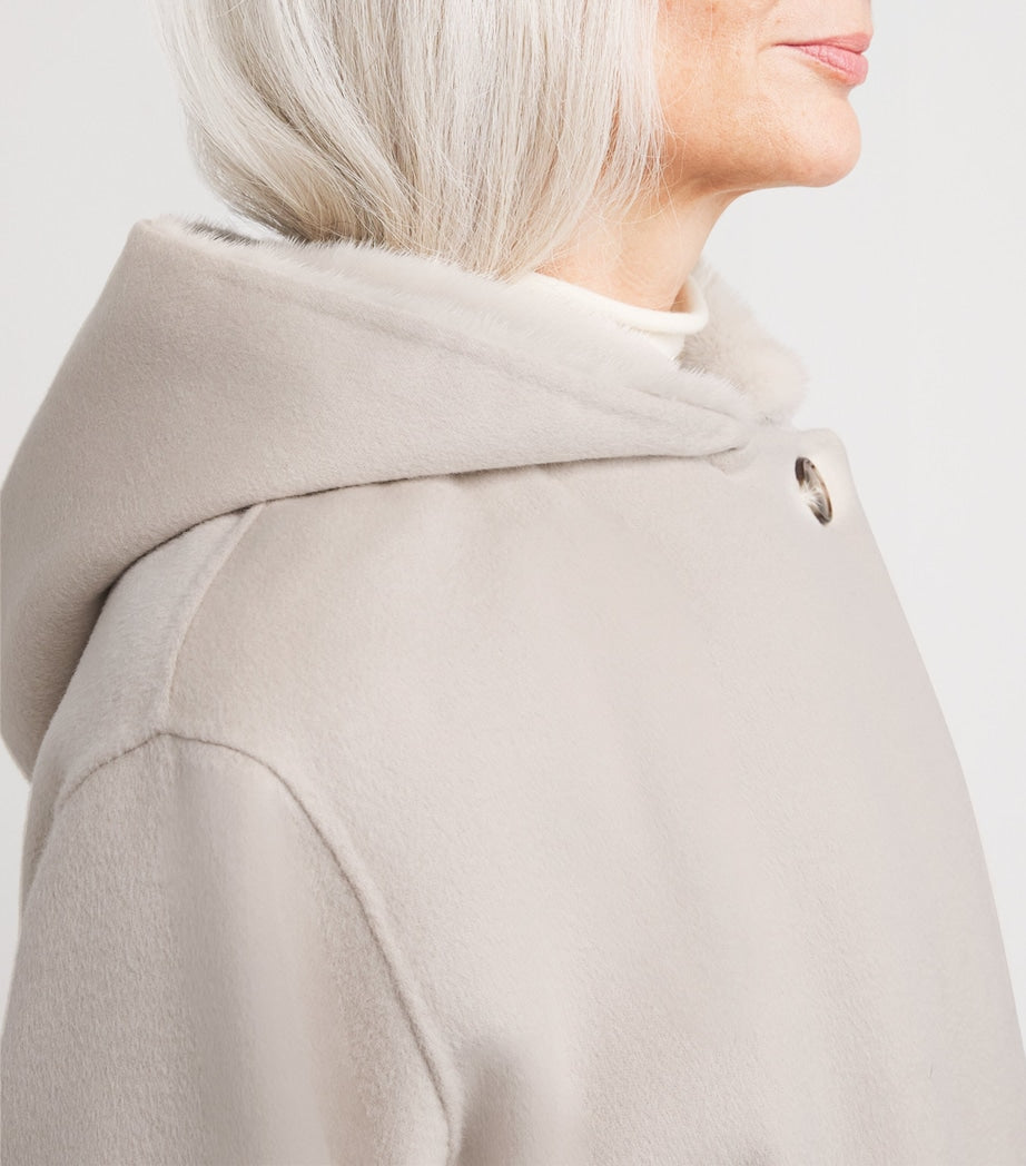 Beige Hooded Mink Fur-Trim Coat