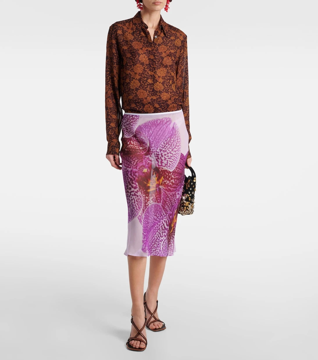 Dries Van Noten - Desenli ipek midi etek