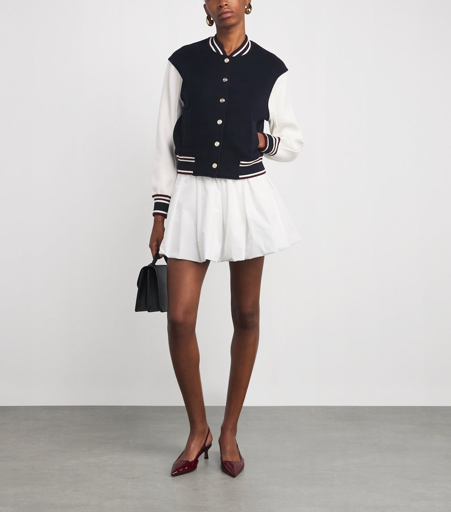 Blue Wool Stripe-Trim Bomber Jacket