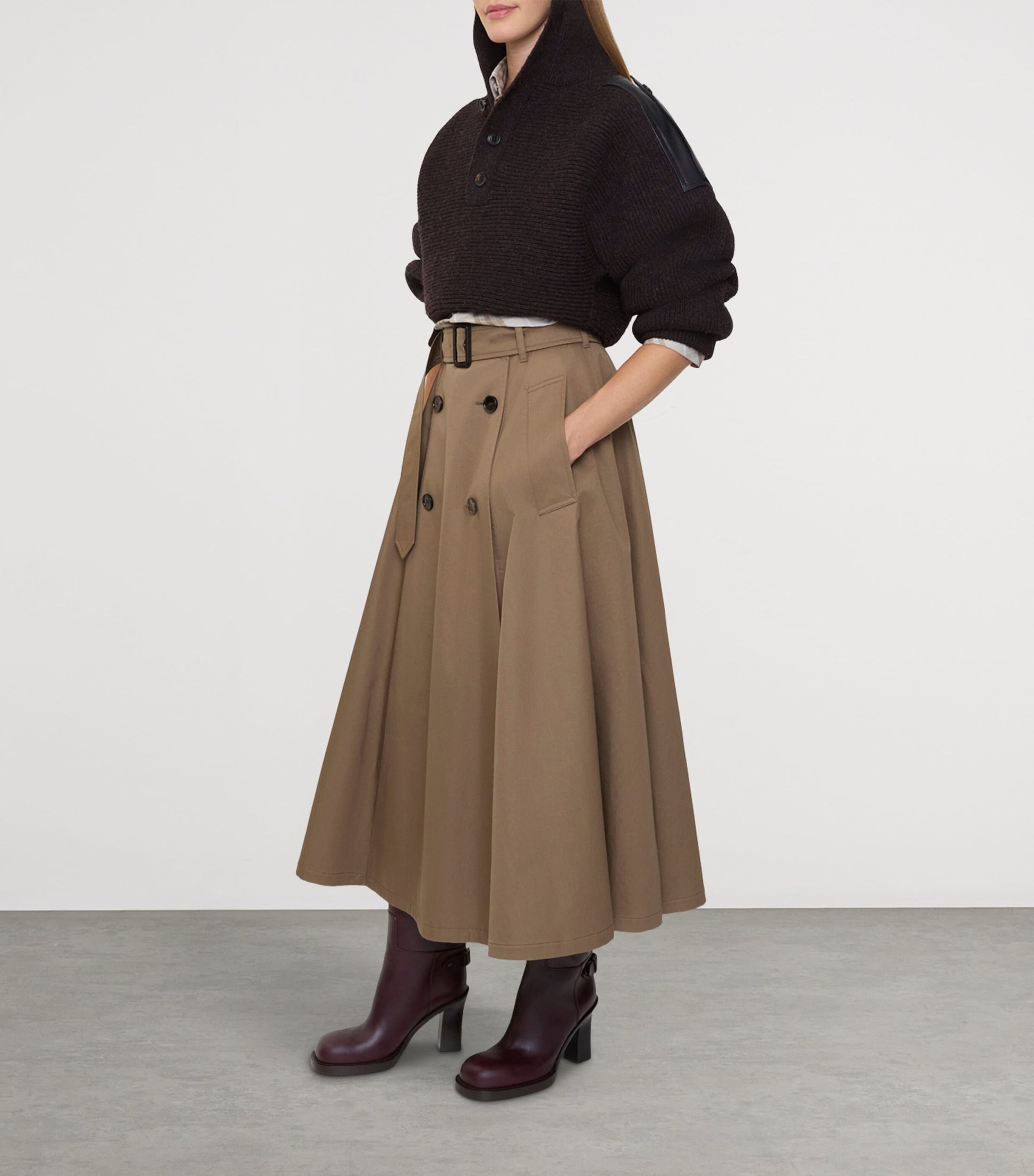 Brown Gabardine Trench Midi Skirt
