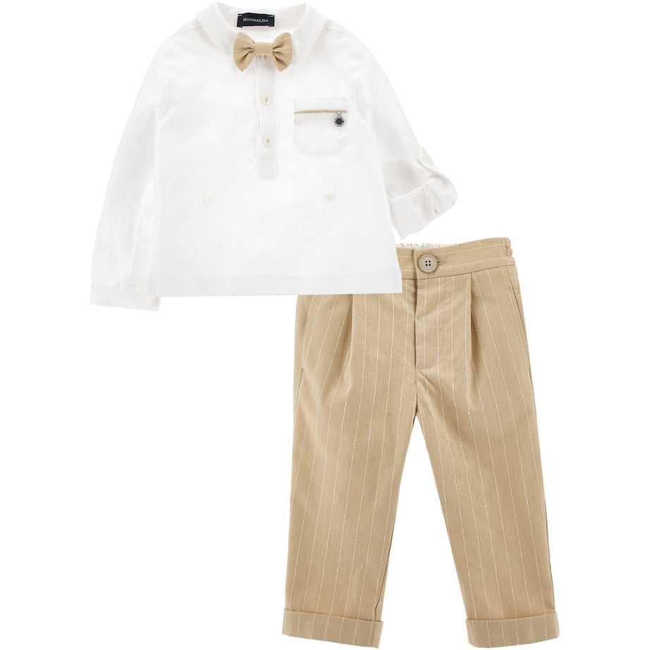 Monnalisa Linen-Cotton Shirt, Trousers and Bow Tie Set (3-36 Months)