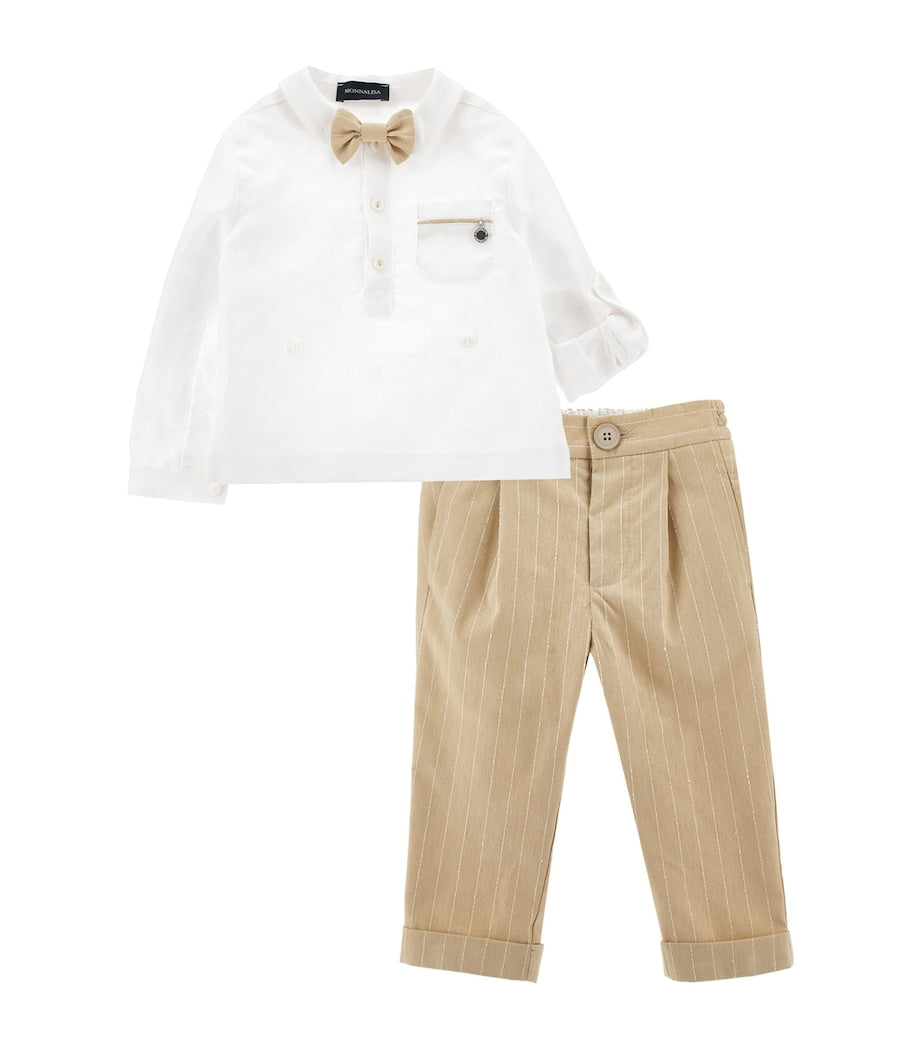 Monnalisa Linen-Cotton Shirt, Trousers and Bow Tie Set (3-36 Months)