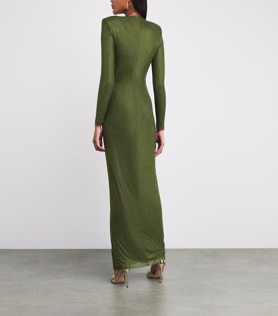 Self-Portrait Green Rhinestone-Embellished Maxi Dress