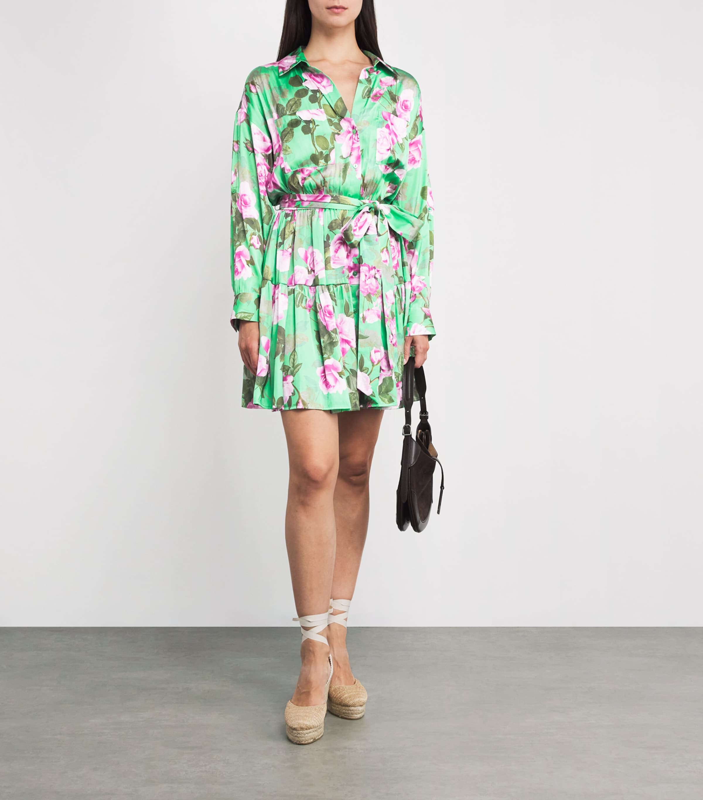 L'Agence Green Satin Floral Virlen Mini Dress