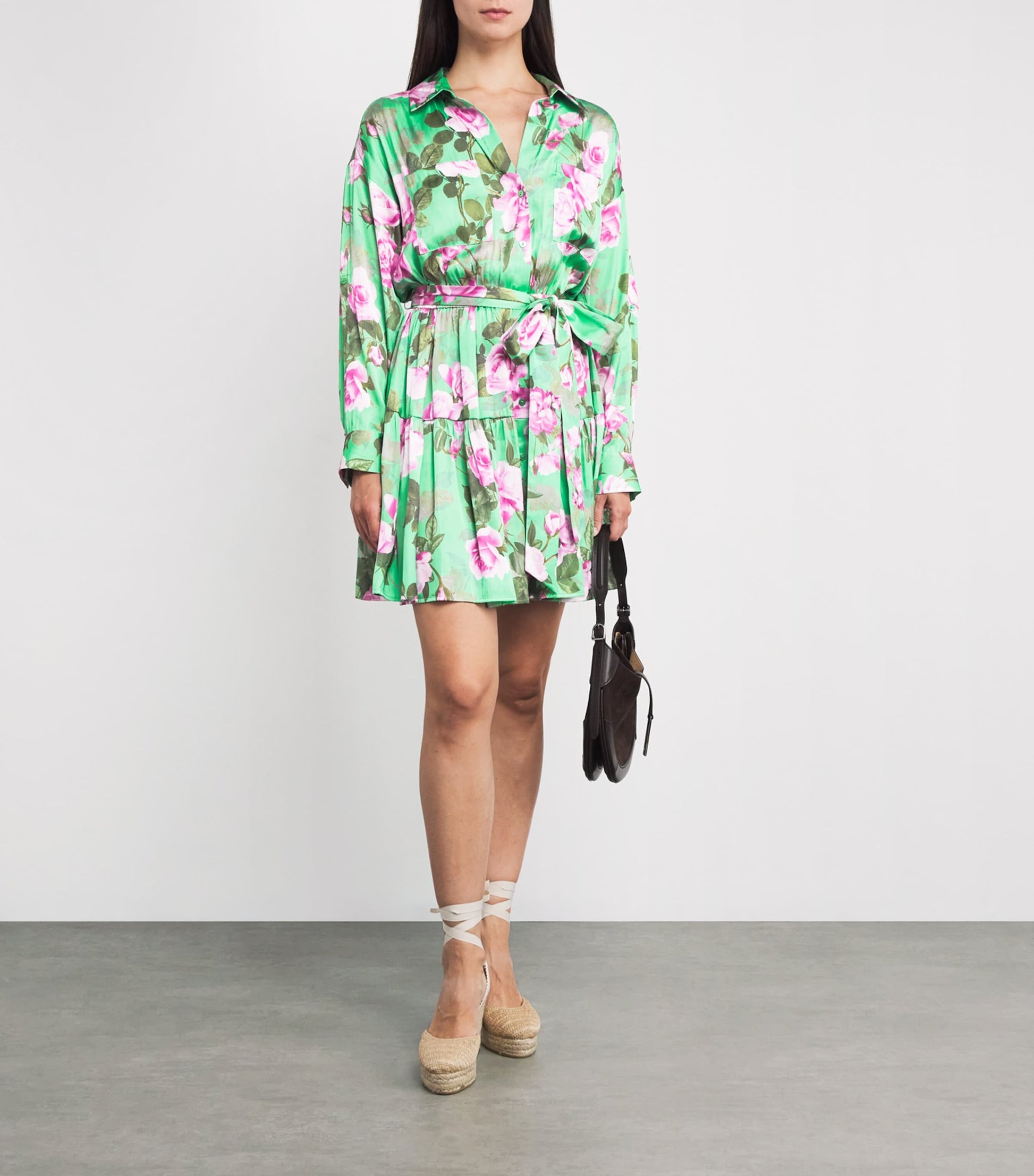 L'Agence Green Satin Floral Virlen Mini Dress