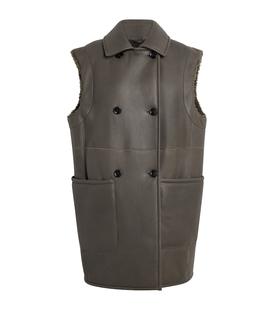 Max Mara Green Reversible Leather-Shearling Gilet