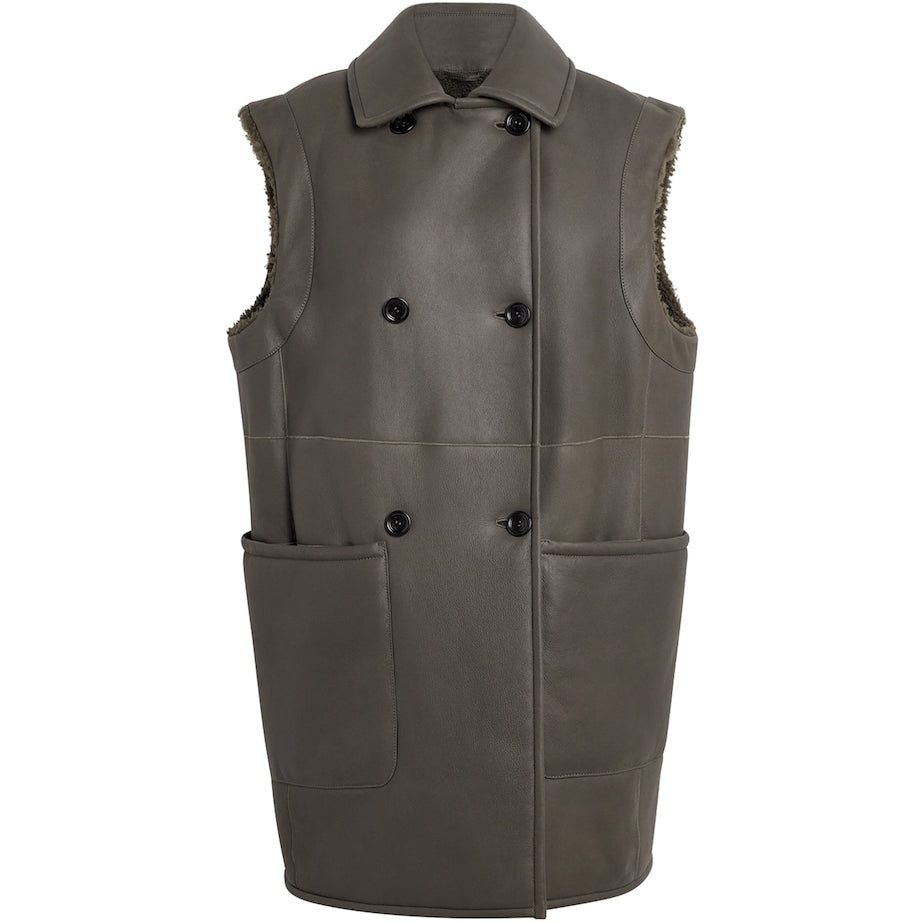 Max Mara Green Reversible Leather-Shearling Gilet
