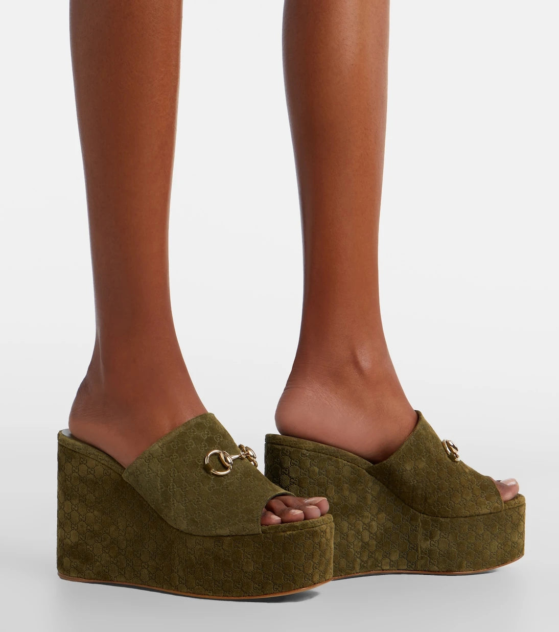 Gucci - Horsebit GG suede wedge mules