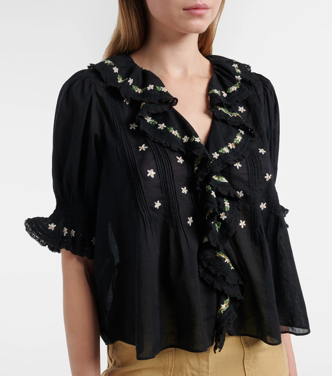 Dôen - Hettie floral embroidered ruffled cotton blouse