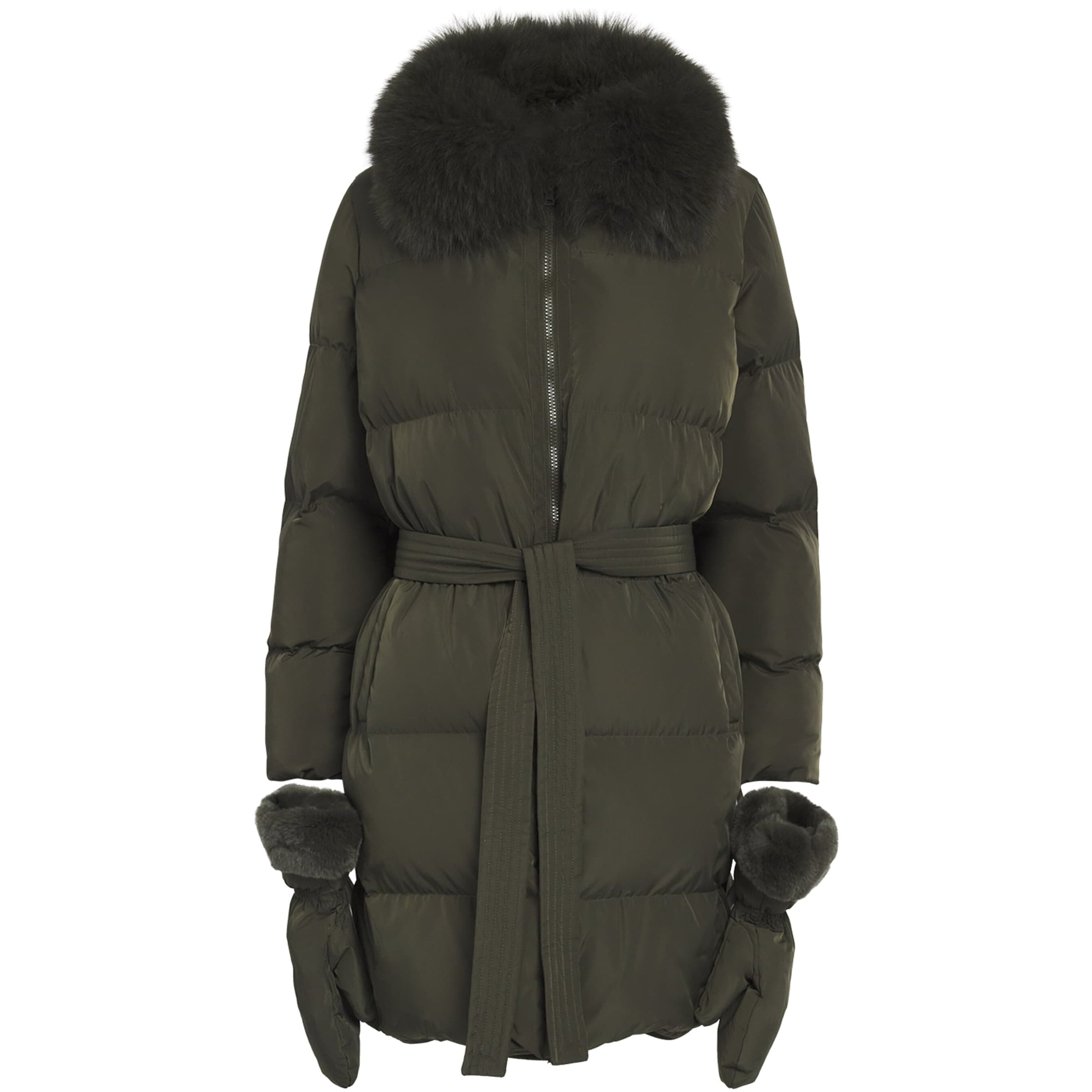 Yves Salomon Green Fur-Trim Down Coat with Mittens