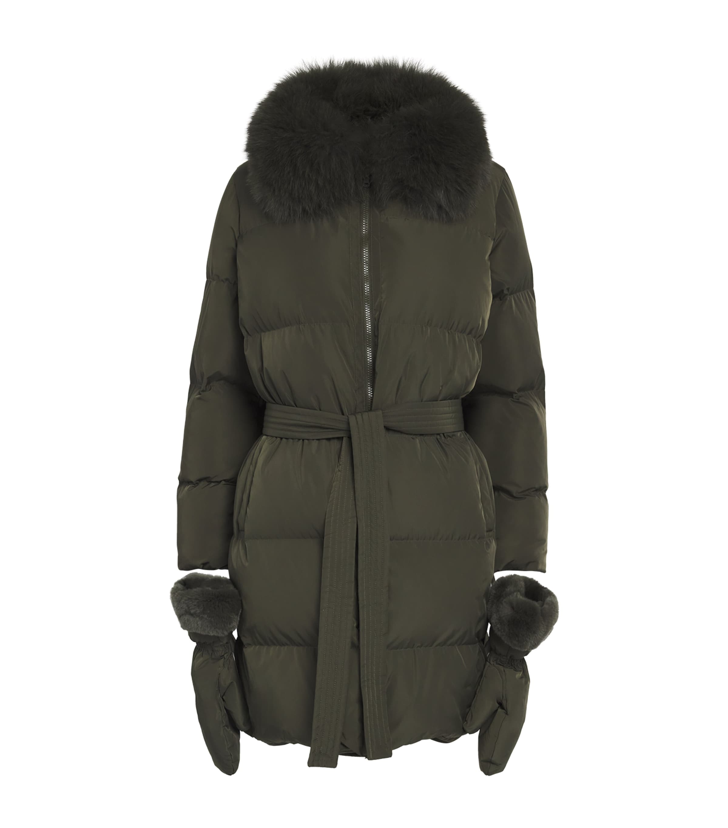 Yves Salomon Green Fur-Trim Down Coat with Mittens