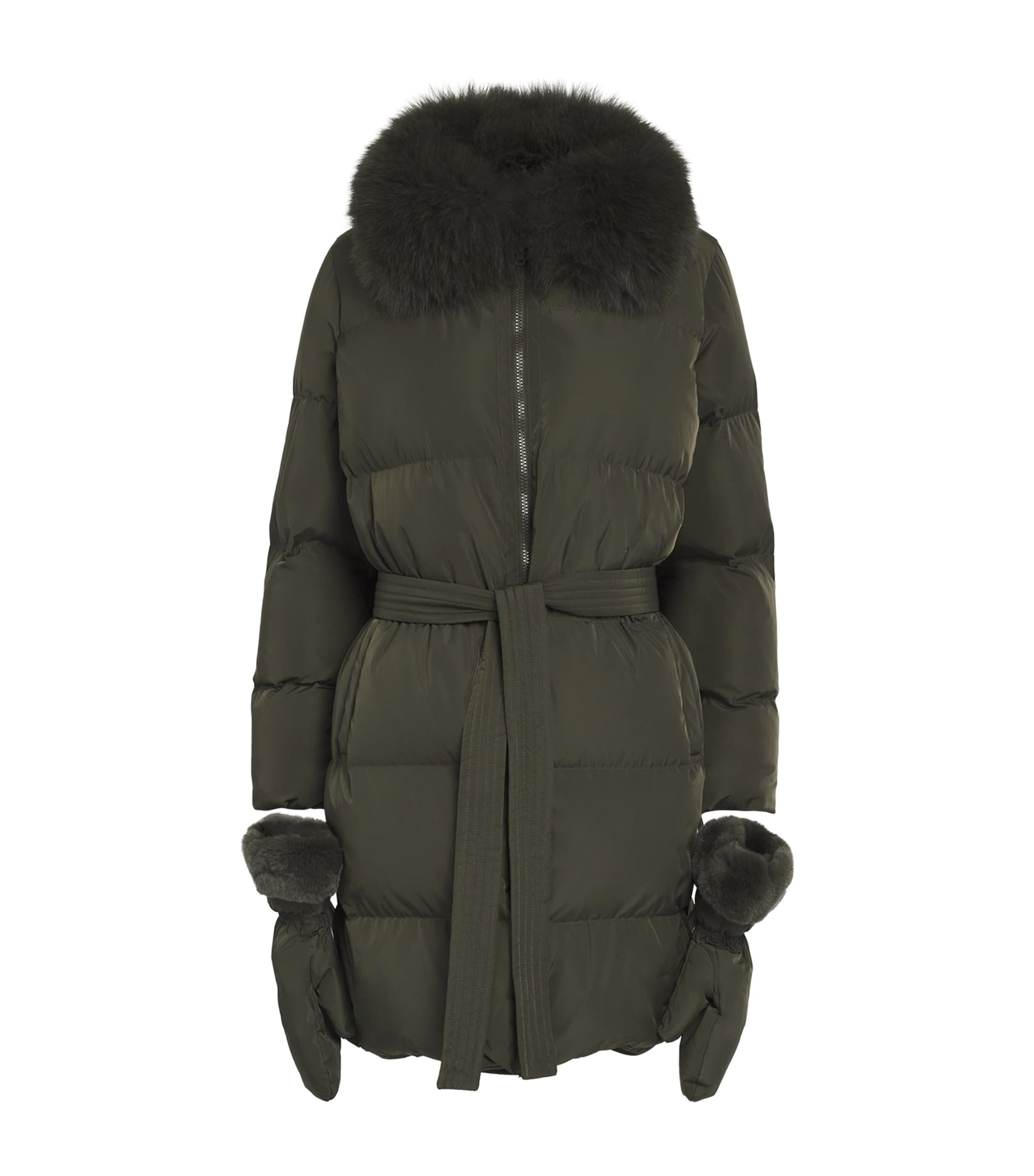 Yves Salomon Green Fur-Trim Down Coat with Mittens