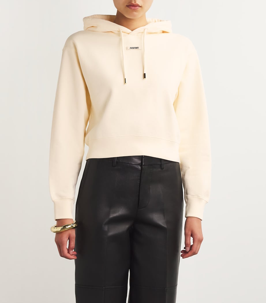 Ivory Cotton Cropped Grosgrain Logo Hoodie