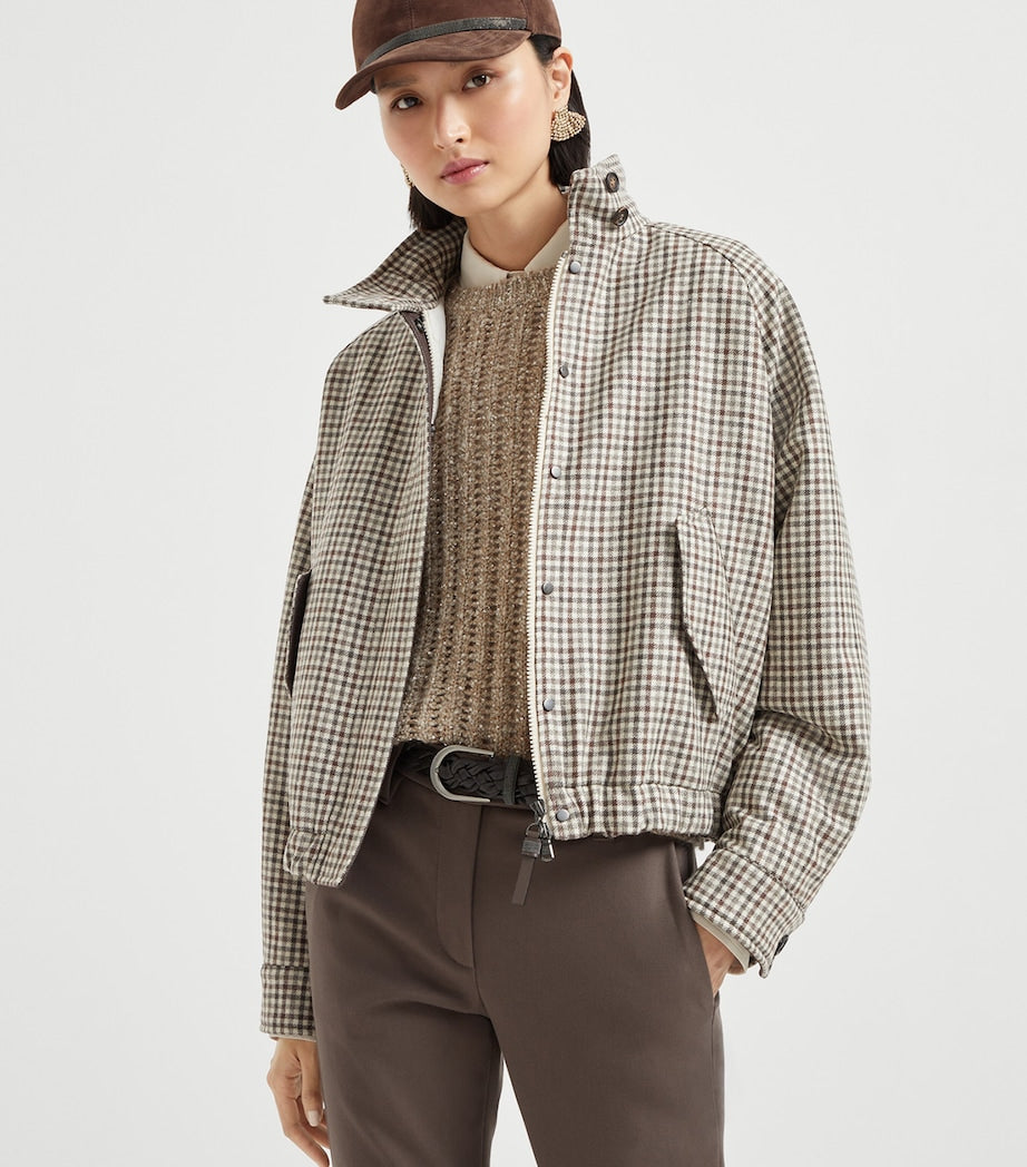 Brunello Cucinelli Brown Virgin Wool Check Bomber Jacket