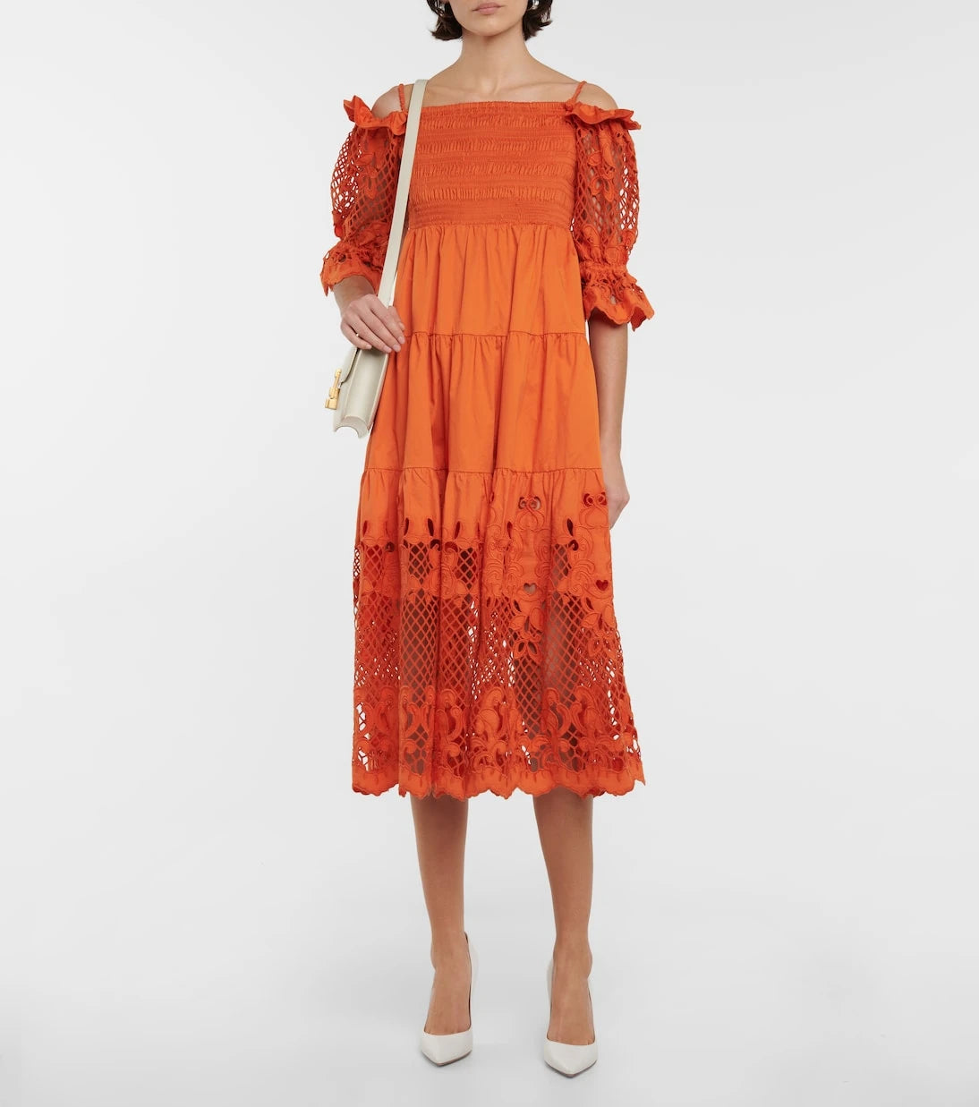Self-Portrait - Embroidered cotton poplin midi dress