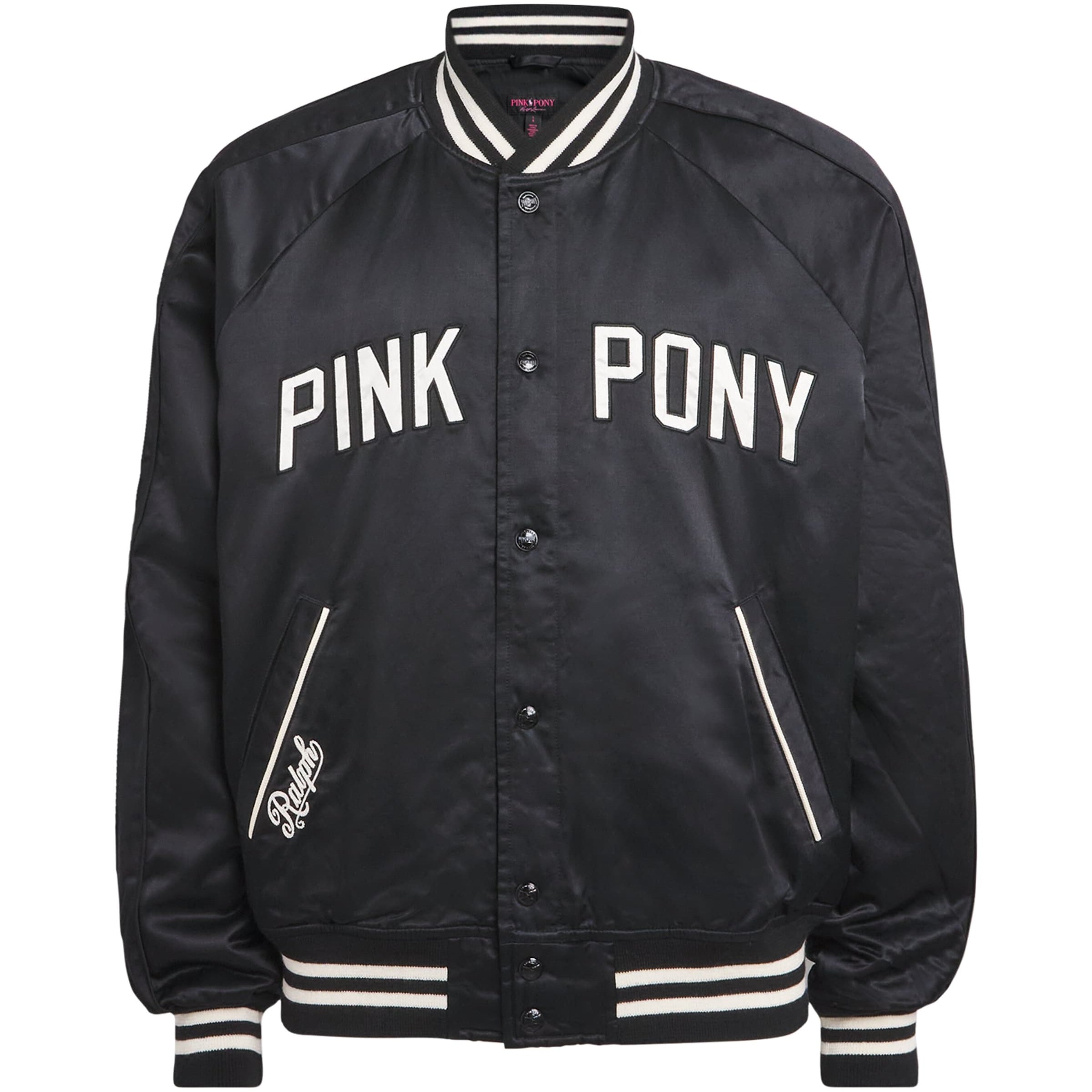Polo Ralph Lauren Black Satin Pink Pony Baseball Jacket
