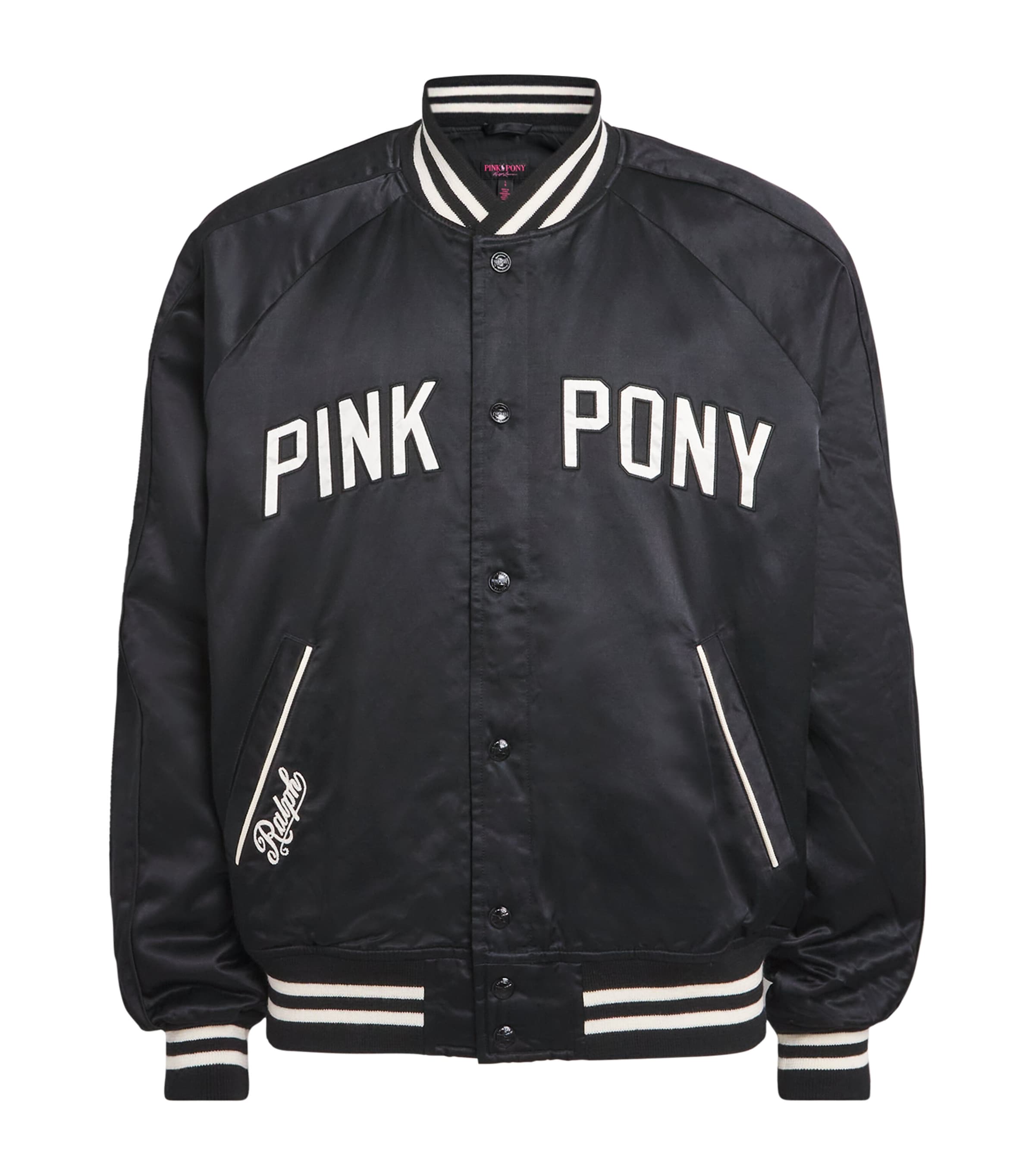 Polo Ralph Lauren Black Satin Pink Pony Baseball Jacket