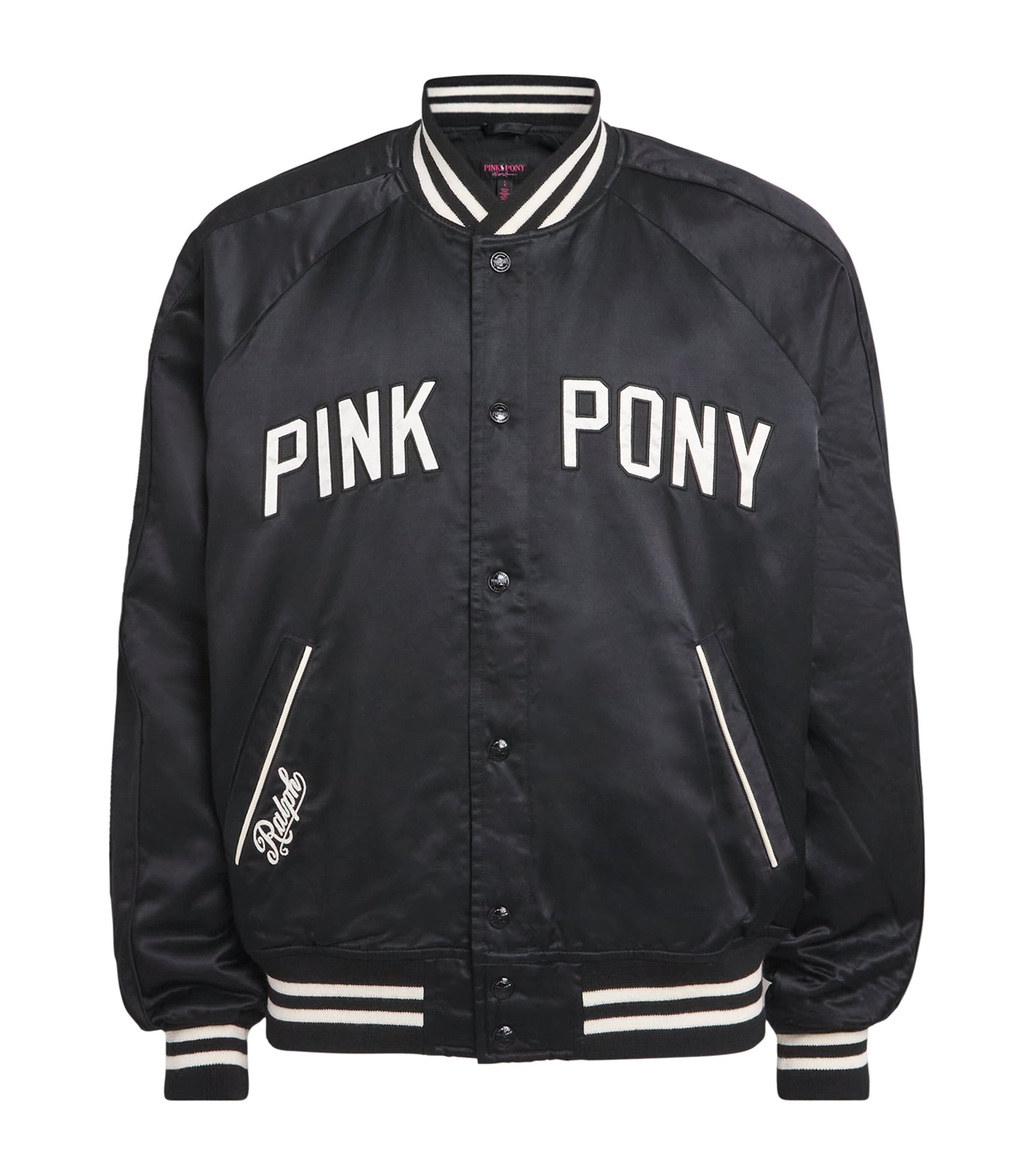Polo Ralph Lauren Black Satin Pink Pony Baseball Jacket