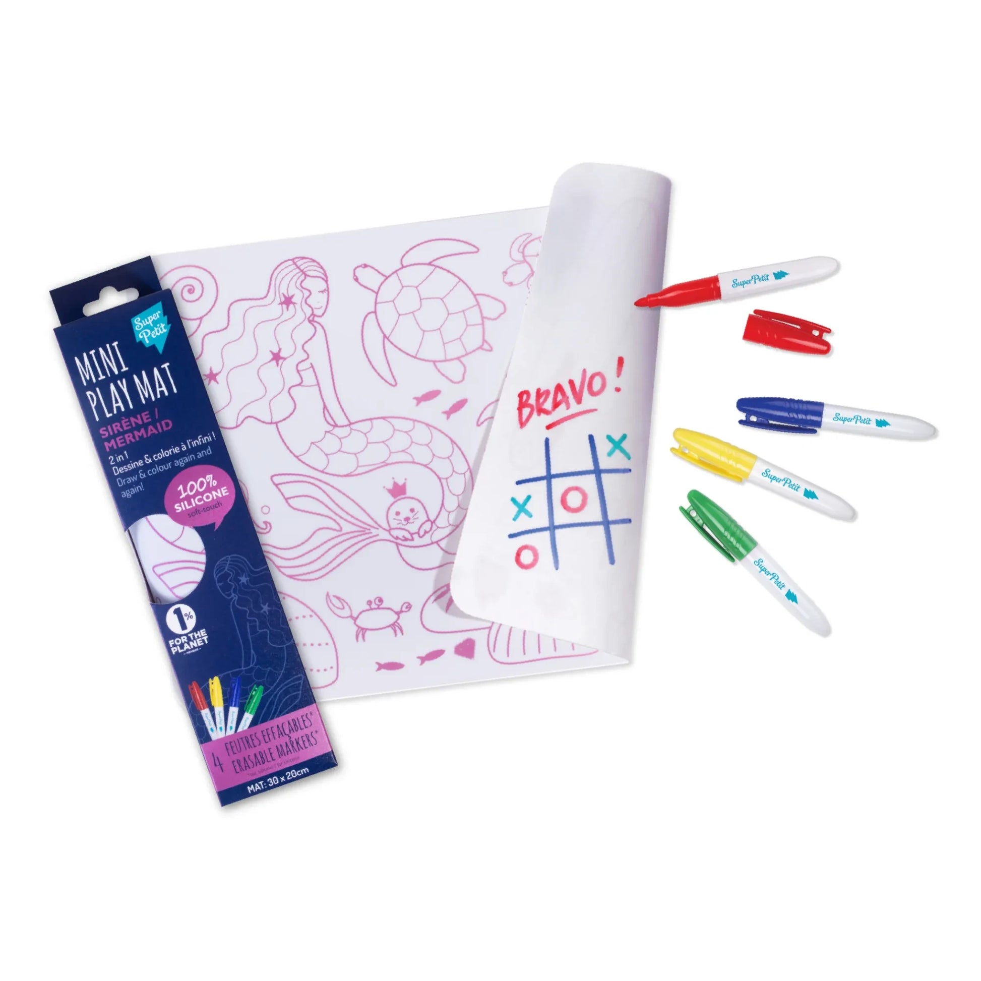 Superpetit - Mini reversible coloring placemat with 4 felt-tip pens - Sirène