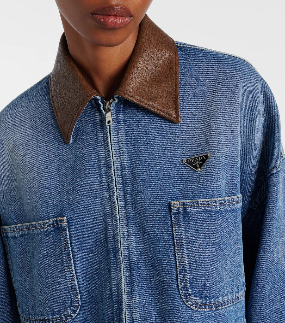 Prada - Leather-trimmed cropped denim jacket