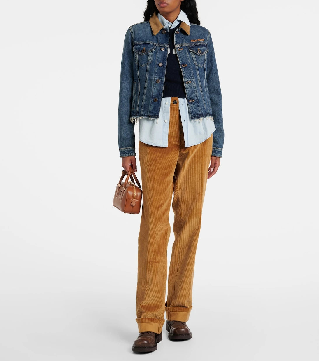 Miu Miu - Logo distressed corduroy-trimmed denim jacket
