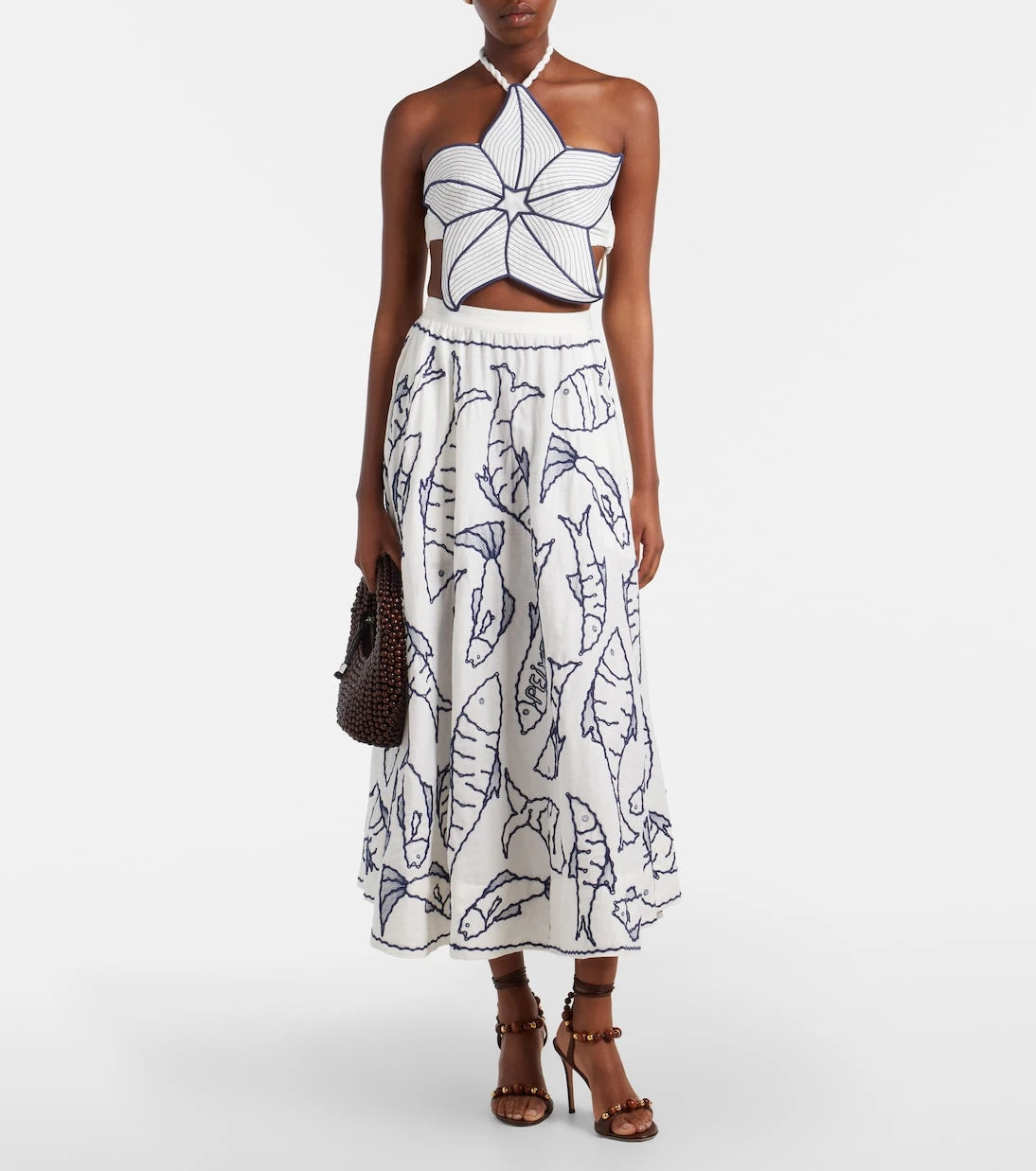 Farm Rio - Embroidered linen-blend midi skirt