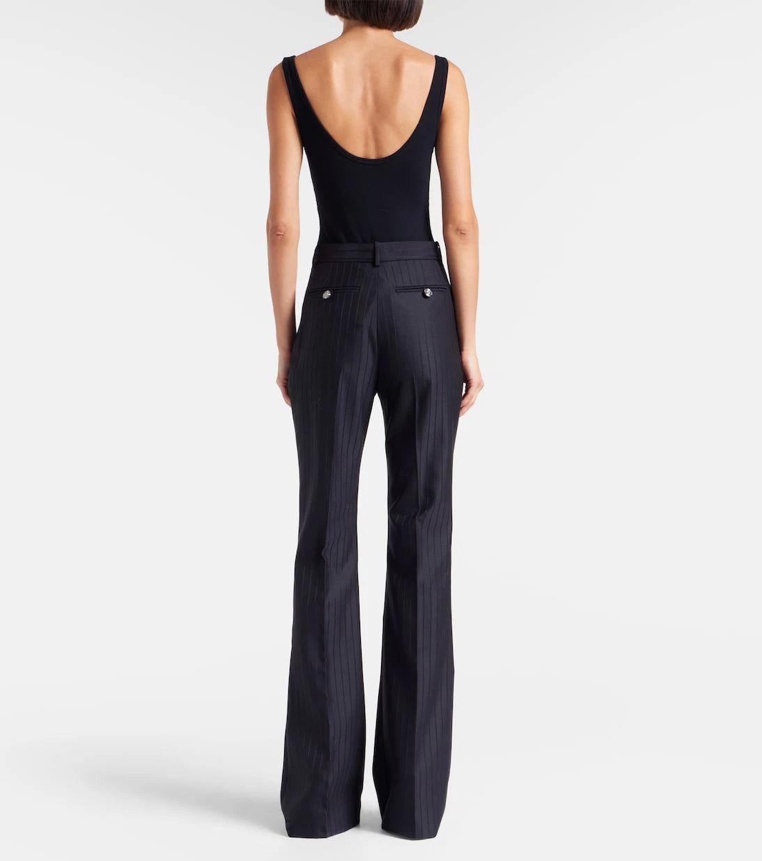 Versace - Embellished pinestripe wool flared pants