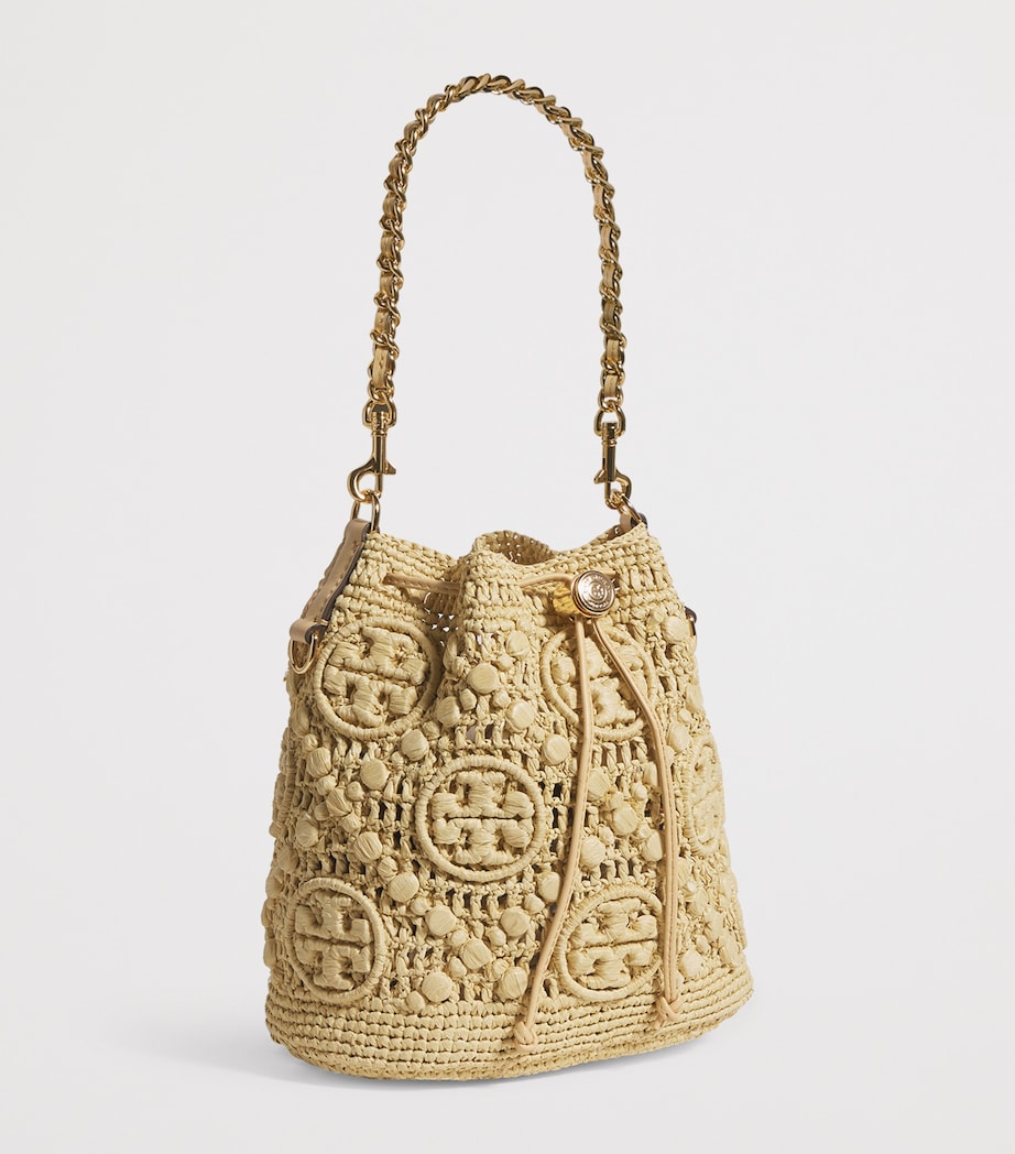 Neutral Raffia Monogram Bucket Bag