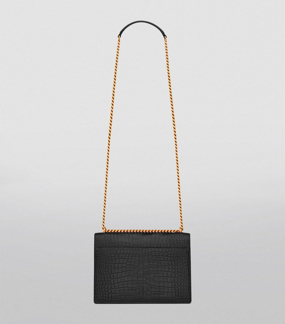 Saint Laurent Black Medium Sunset Croc-Embossed Shoulder Bag